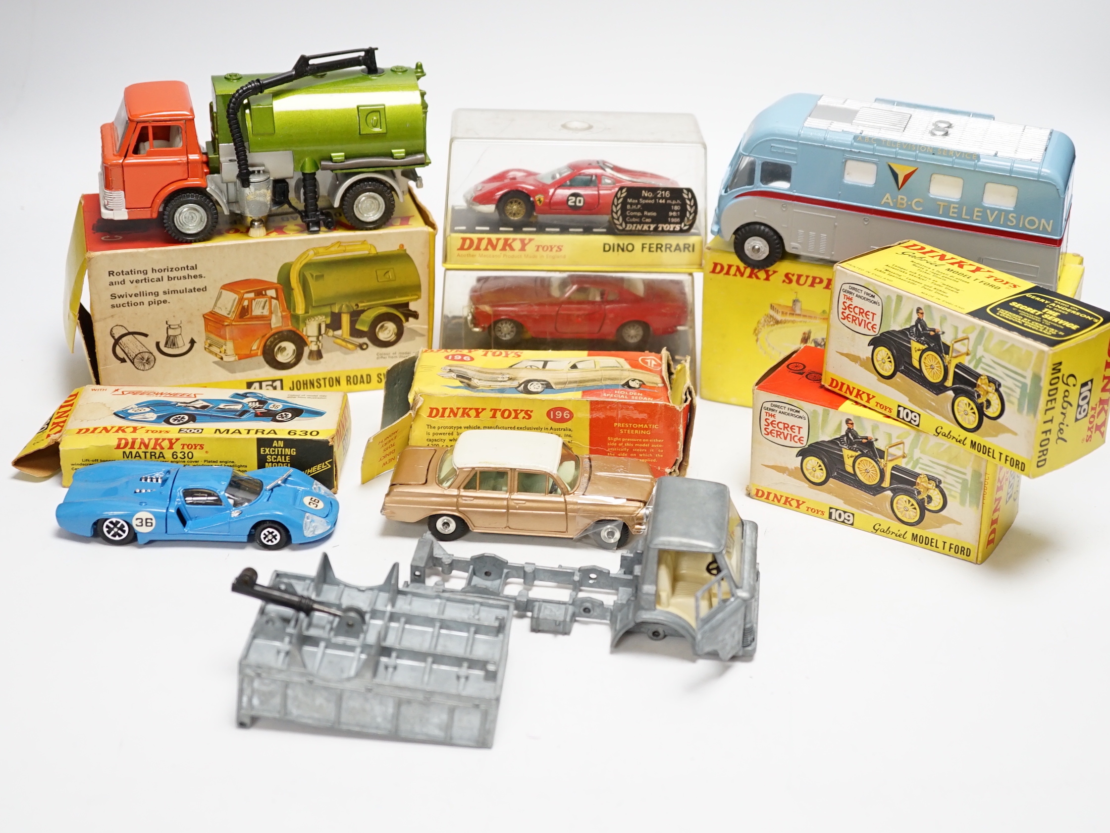 Eight boxed Dinky Toys including two (109) Gabriel Model T Fords, (987) ABC TV Mobile Control Room, (200) Matra 630, (116) Volvo 1800S, (216) Ferrari Dino, (196) Holden Special Sedan, (451) Johnston Road Sweeper, plus an